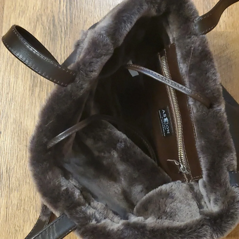 Aston New York Brown Leather Shearling Plush Tote Bag Shoulder‎ Purse
